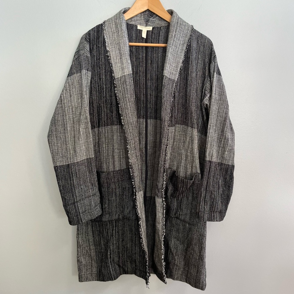 Eileen Fisher Organic Cotton Hazy Blocks Shawl Fringe Cardigan Duster Size S/M